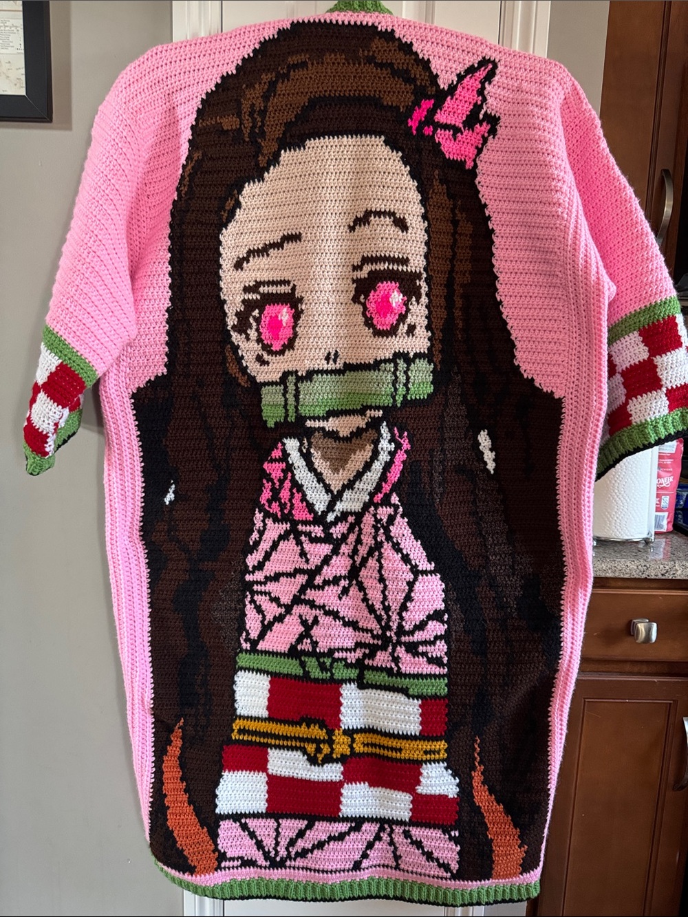 Handmade Nezuko cardigan 🧶🩷Pink Anime-Style Knit Sweater